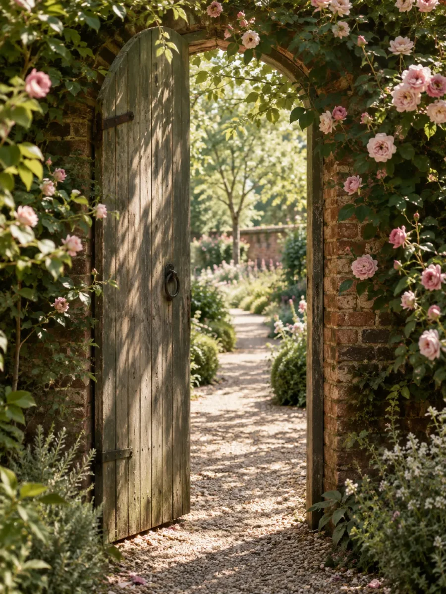 An arched wooden garden gate in a rose-covered wall