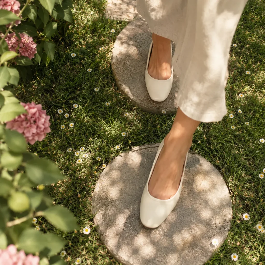 Cream flats stepping across round stepping stones