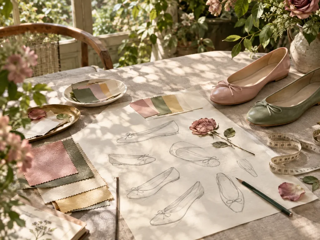 Pencil sketches of ballet flats with leather colour swatches