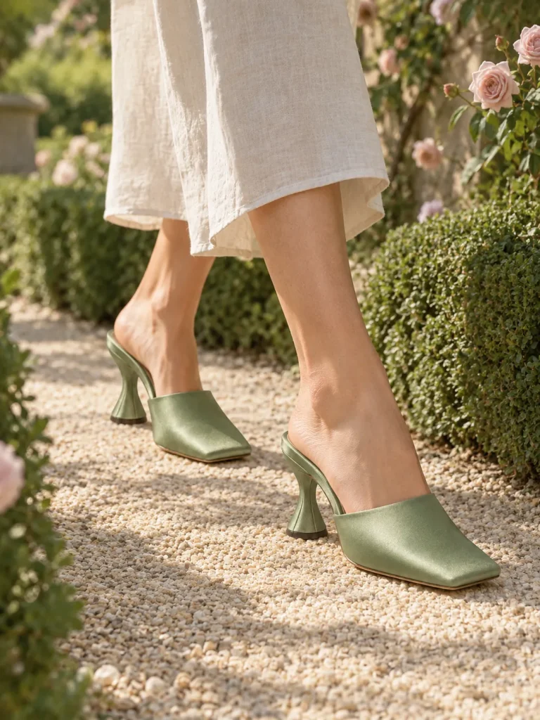 Arbor Satin Mule in sage satin, worn on a garden path