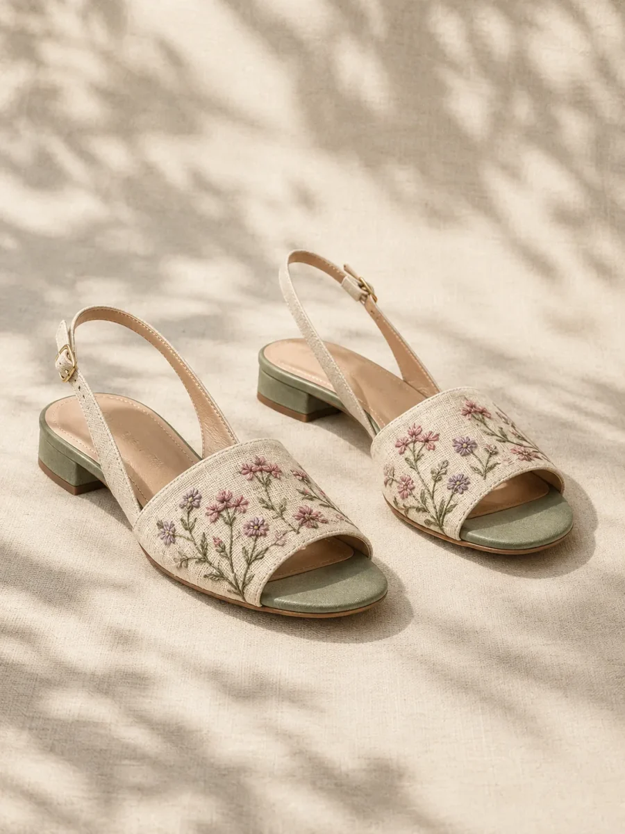 Bee Balm Embroidered Slingback in cream, pair seen from the front