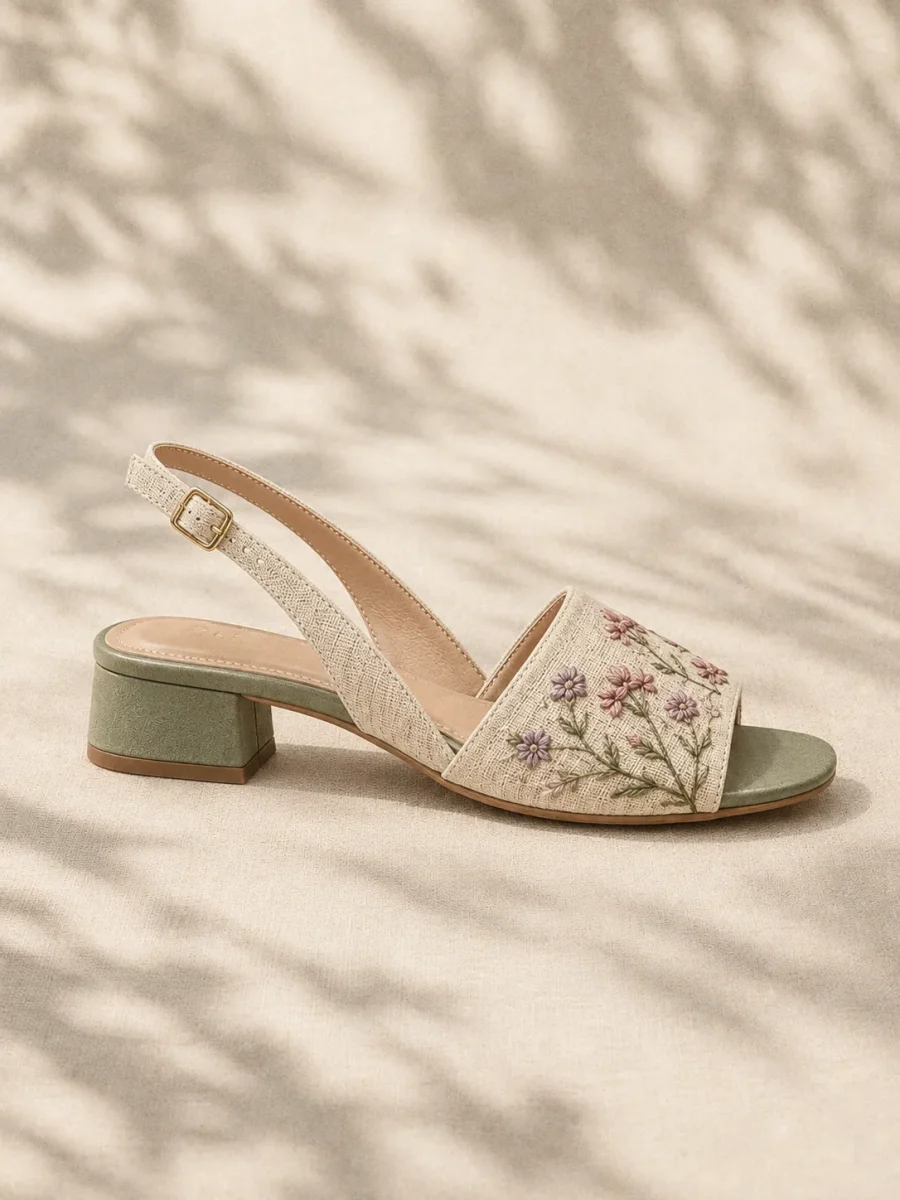 Bee Balm Embroidered Slingback, side view showing the 1.5 cm heel