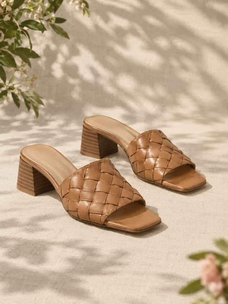 Bramble Woven Heeled Mule in tan, pair seen from the front