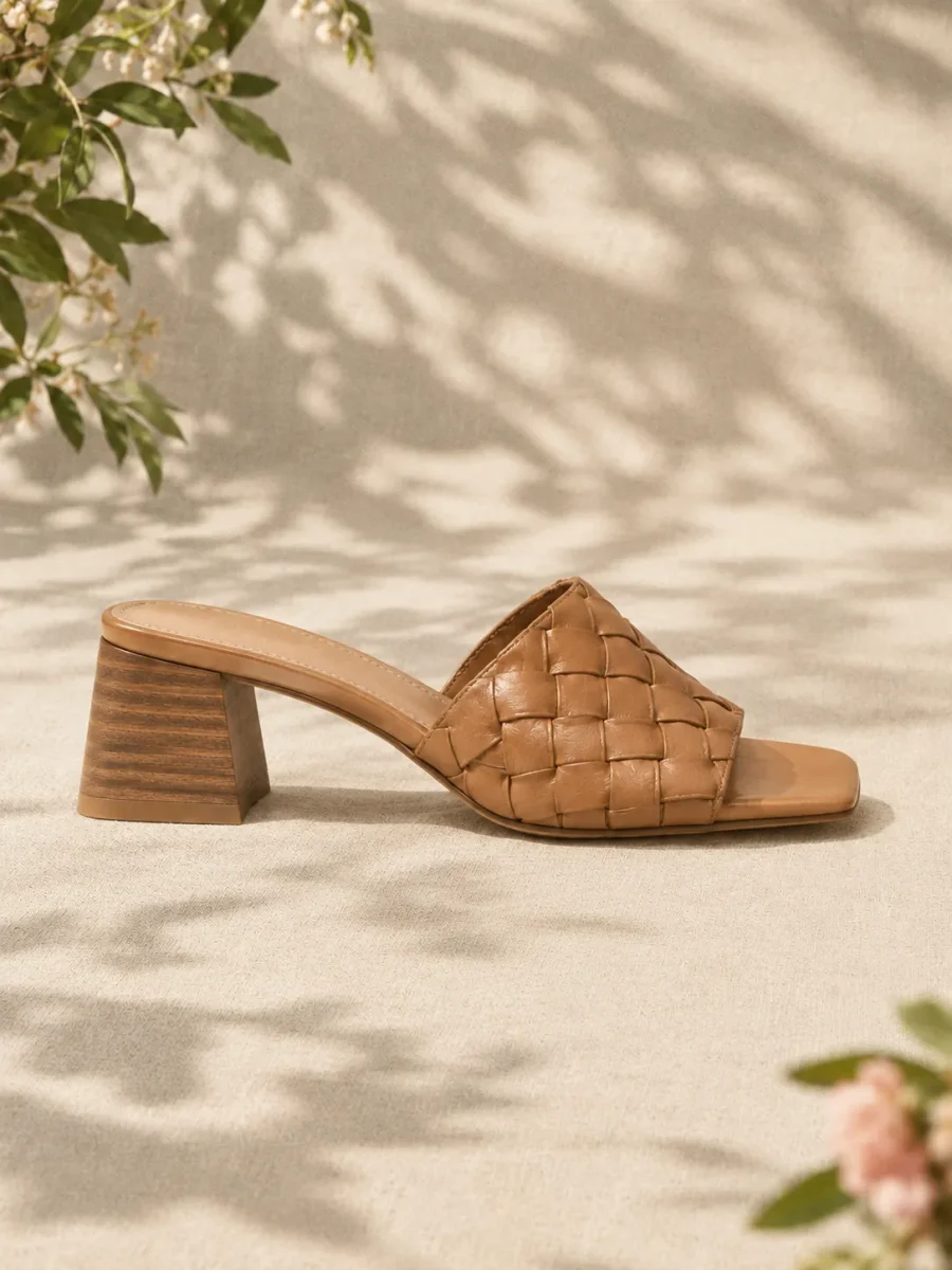 Bramble Woven Heeled Mule, side view showing the 4 cm heel