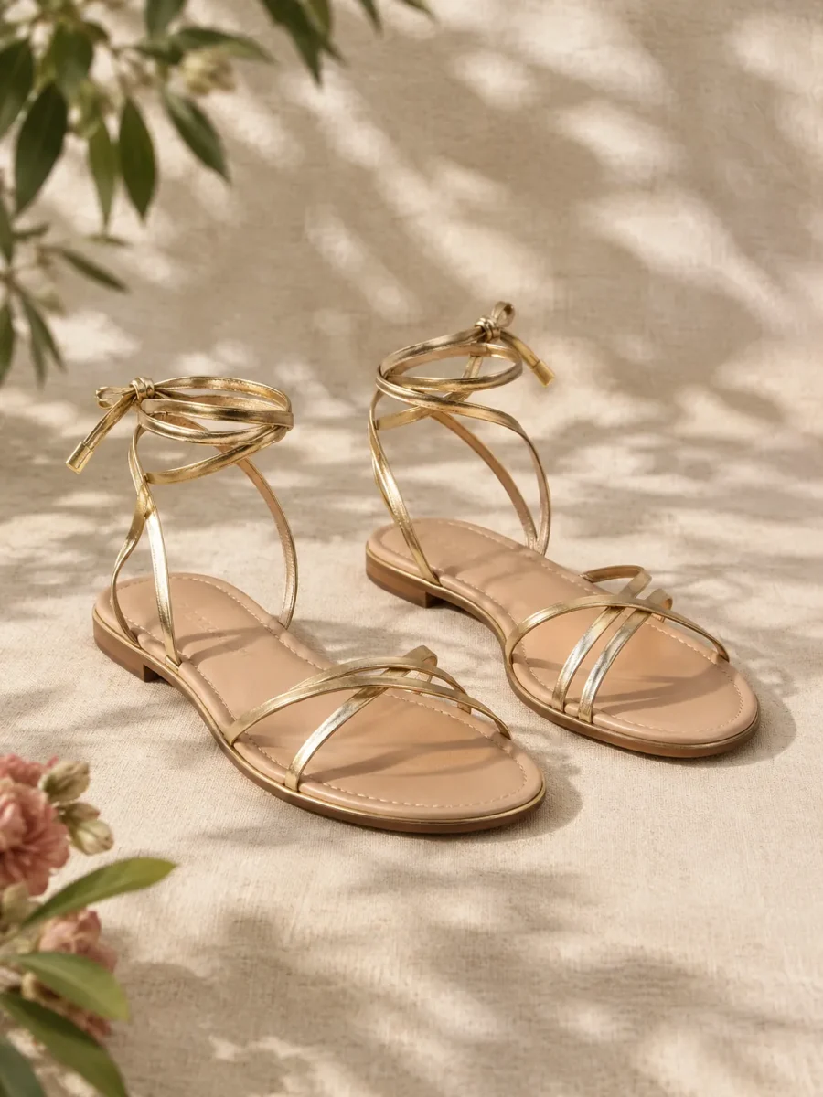Brook Ankle-Wrap Sandal in soft gold, pair seen from the front