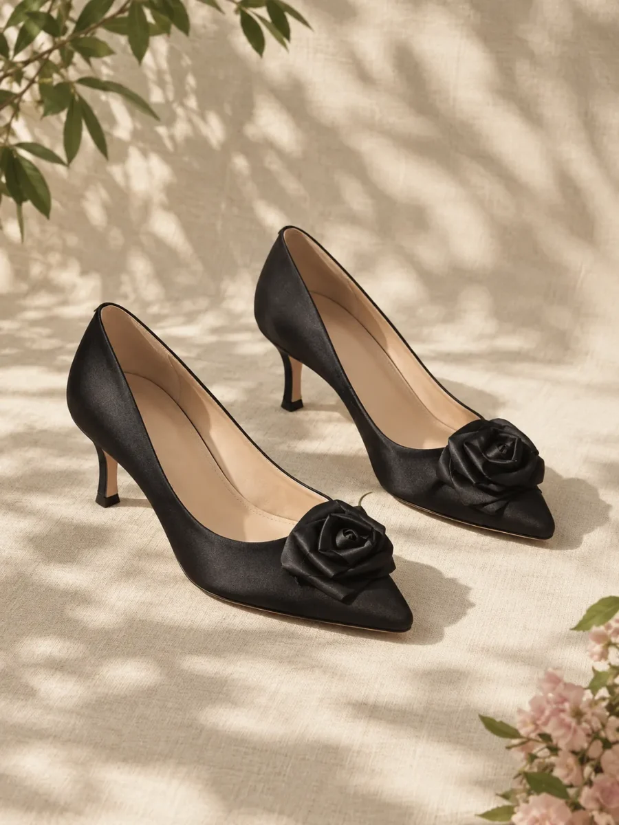 Camellia Rosette Pump in black satin, pair seen from the front