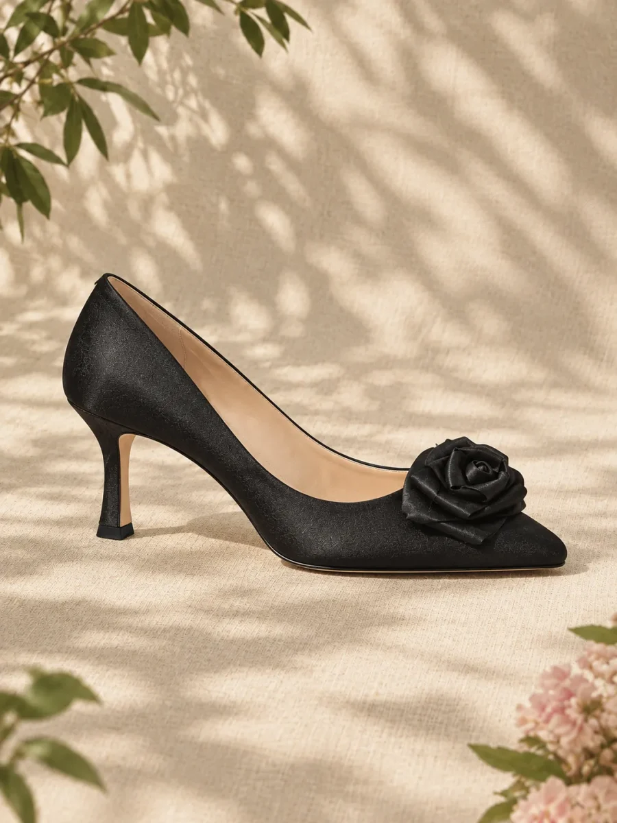 Camellia Rosette Pump, side view showing the 4 cm heel