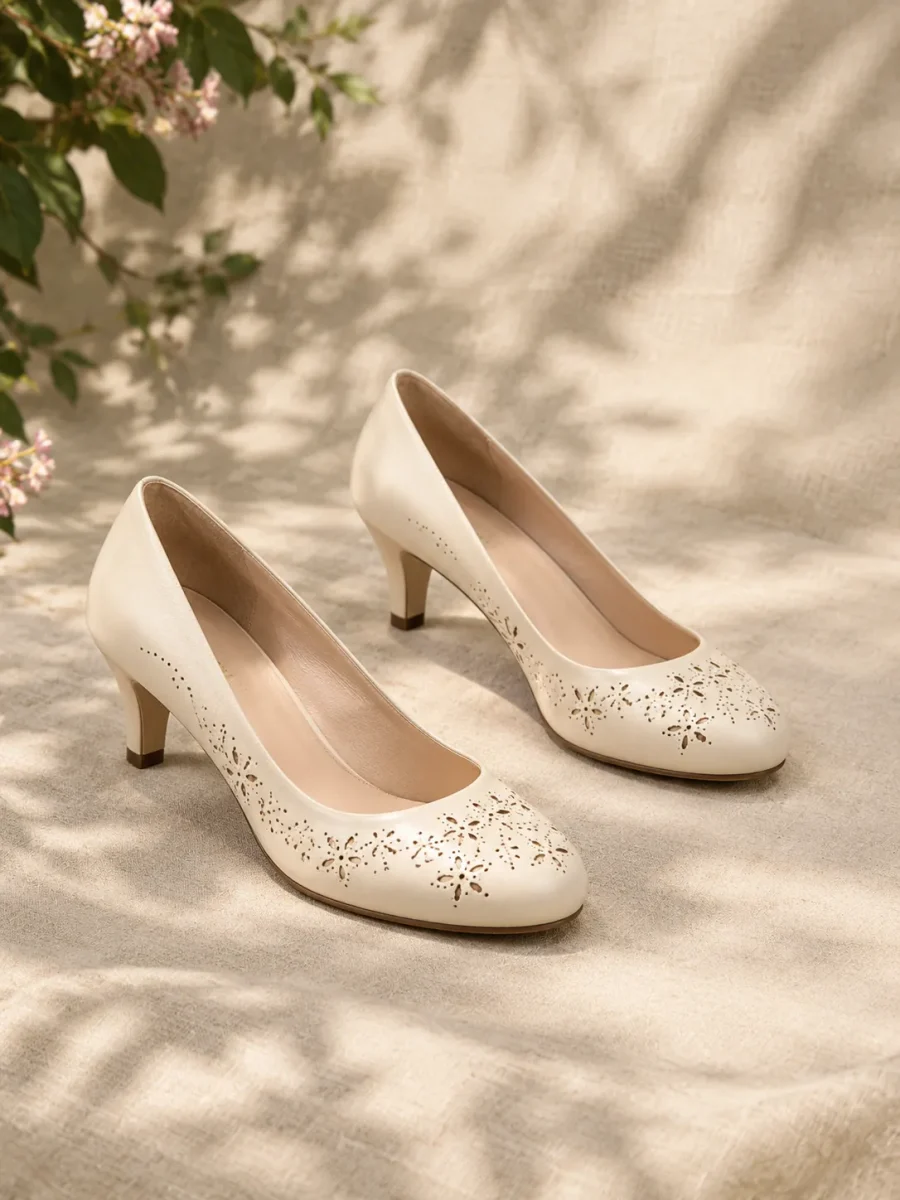 Clematis Perforated Pump in cream, pair seen from the front