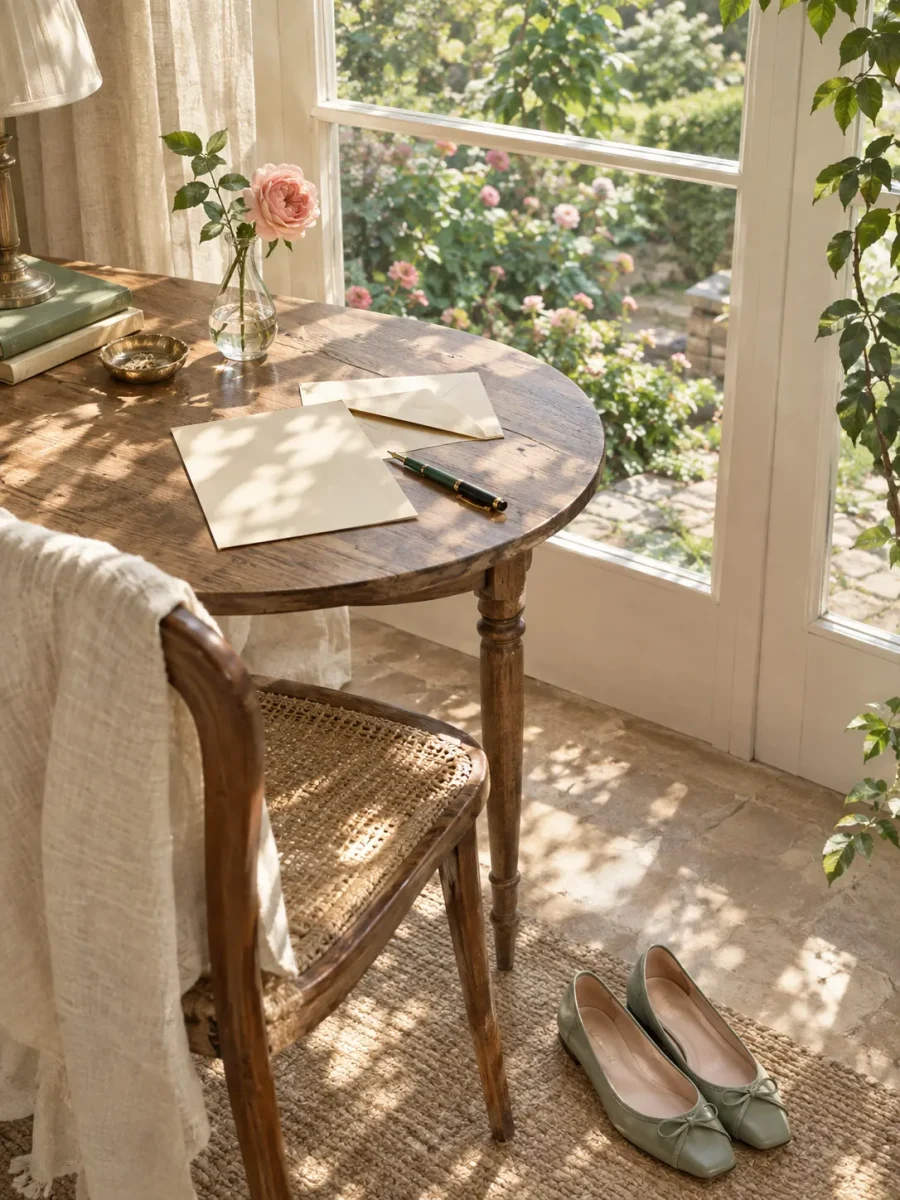 A writing table by a garden window with a single rose