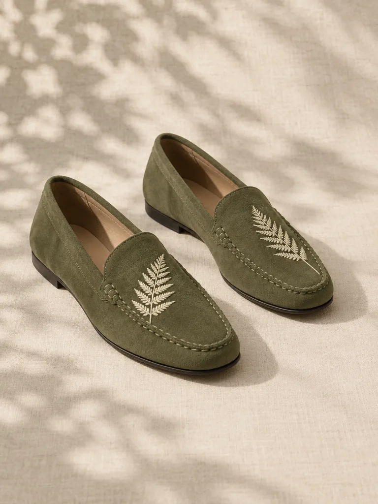 Fern Embroidered Loafer in olive, pair seen from the front