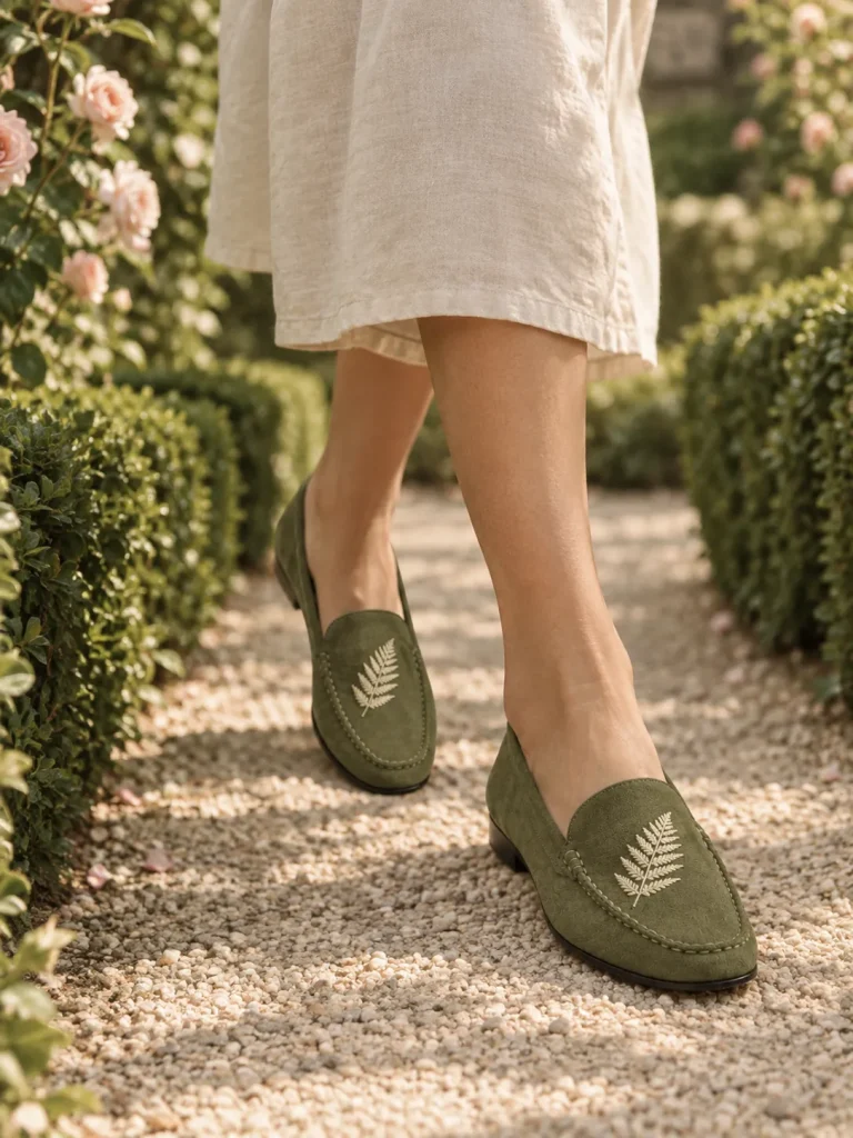 Fern Embroidered Loafer in olive, worn on a garden path