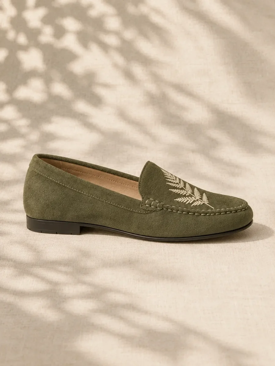 Fern Embroidered Loafer, side view showing the 1.2 cm heel