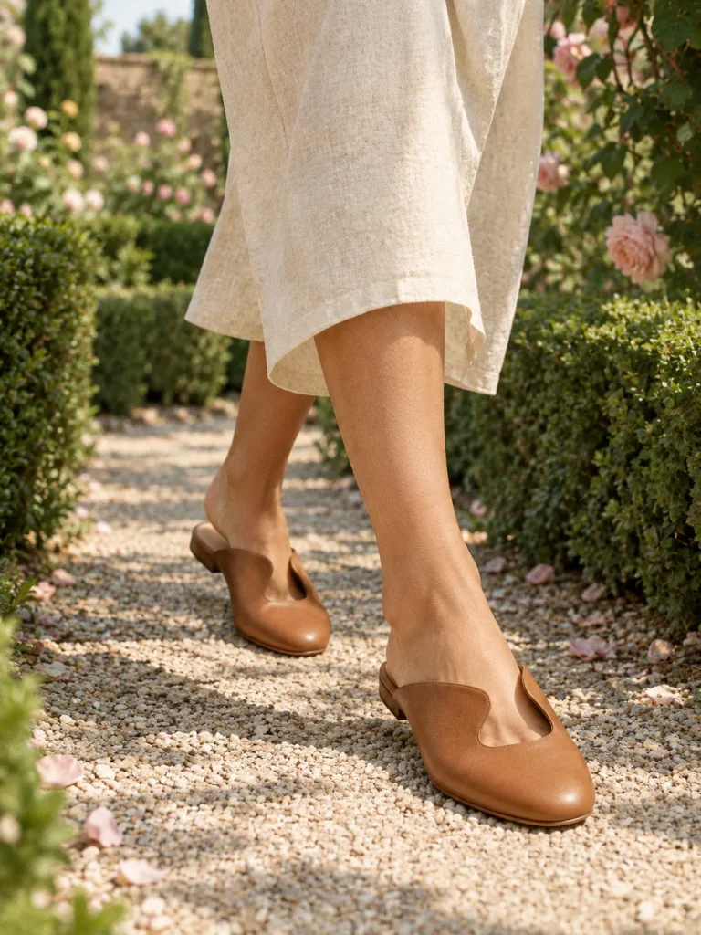 Garden Gate Mule in tan, worn on a garden path