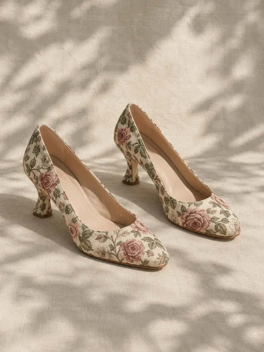 Garden Party Jacquard Pump in floral jacquard, pair seen from the front