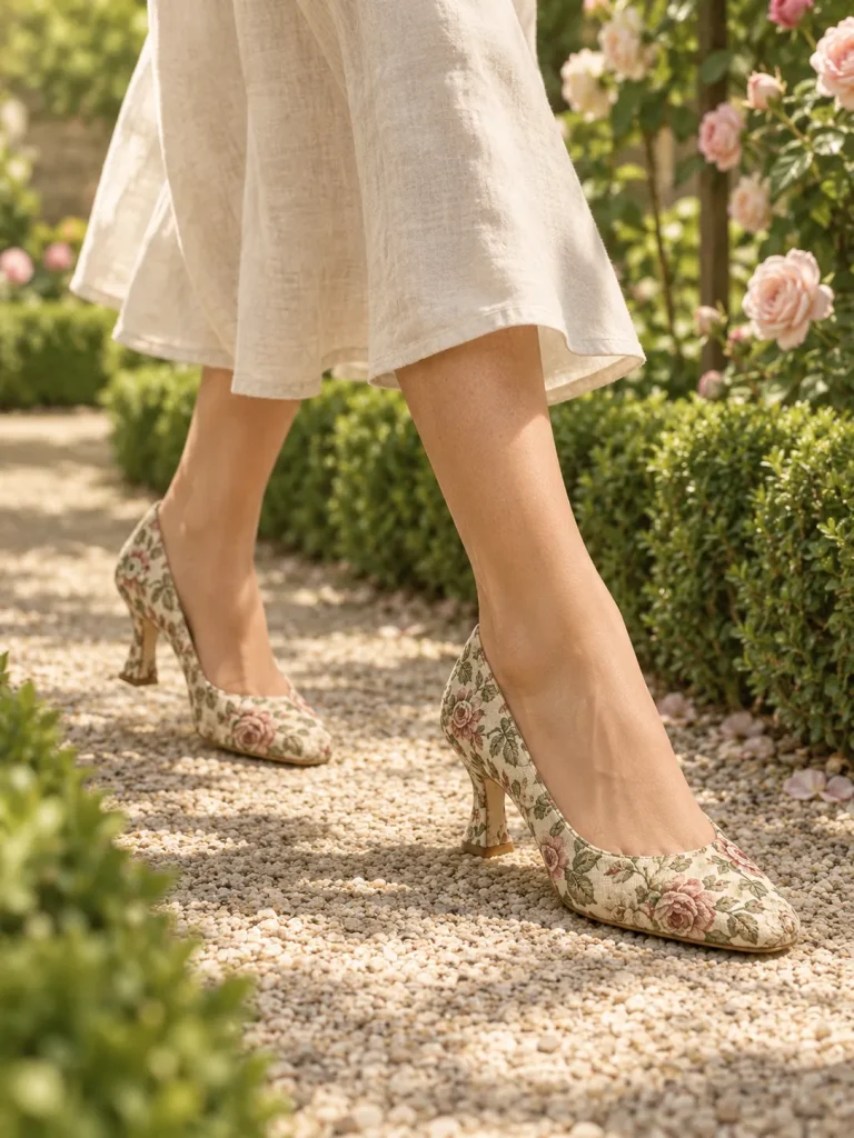 Garden Party Jacquard Pump in floral jacquard, worn on a garden path