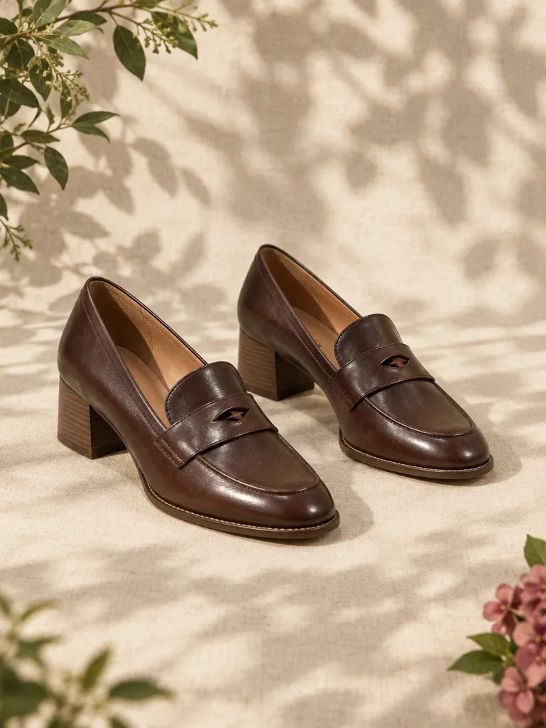 Hazel Heeled Loafer in chocolate, pair seen from the front