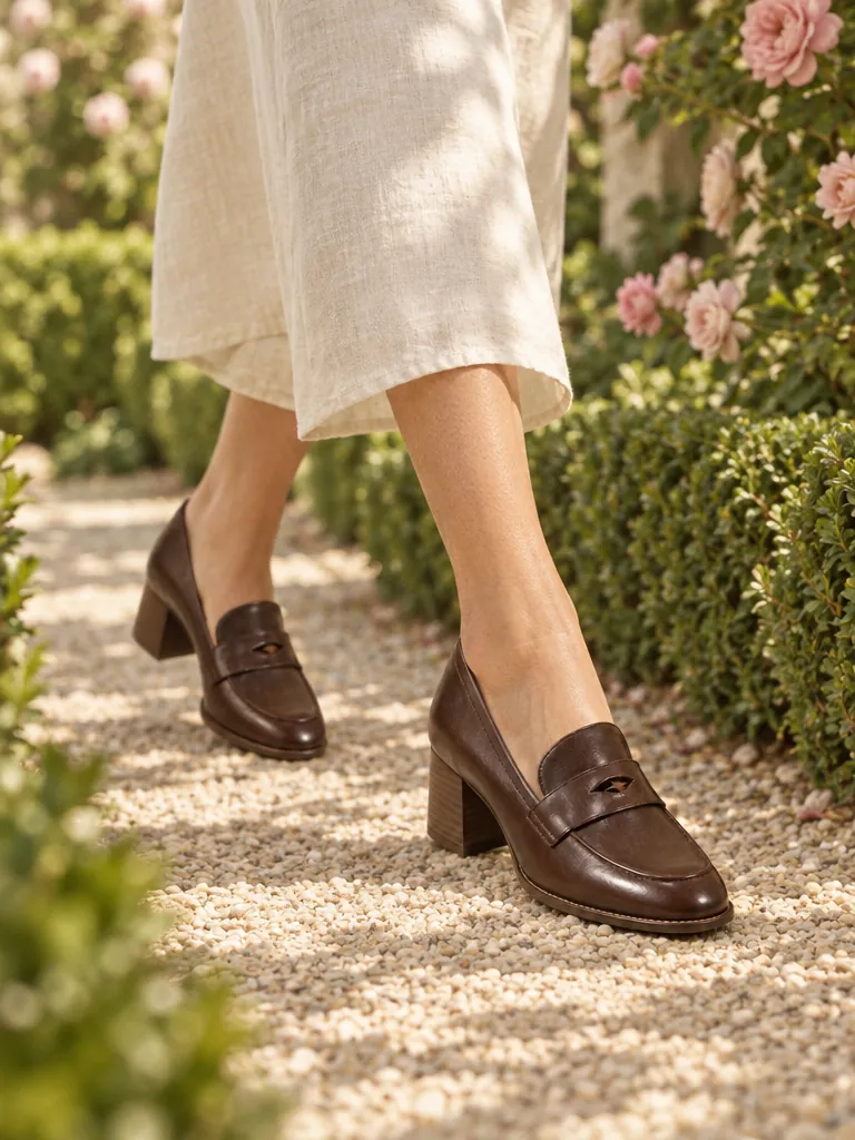 Hazel Heeled Loafer in chocolate, worn on a garden path