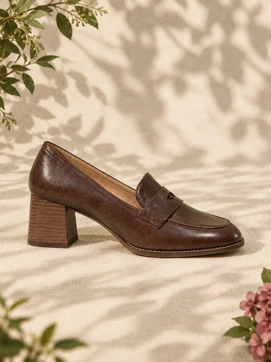 Hazel Heeled Loafer, side view showing the 4 cm heel