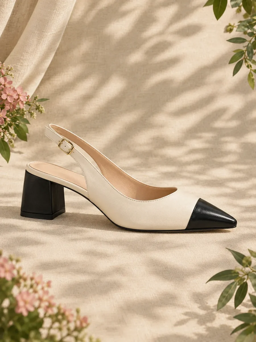 Heather Two-Tone Slingback, side view showing the 5 cm heel