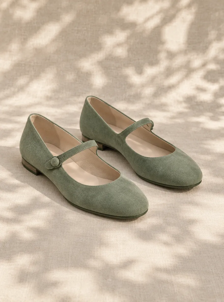 Hedge Mary Jane in sage suede, pair seen from the front