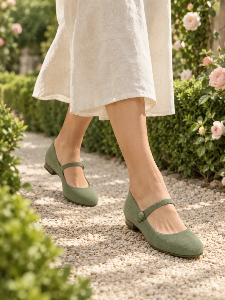 Hedge Mary Jane in sage suede, worn on a garden path
