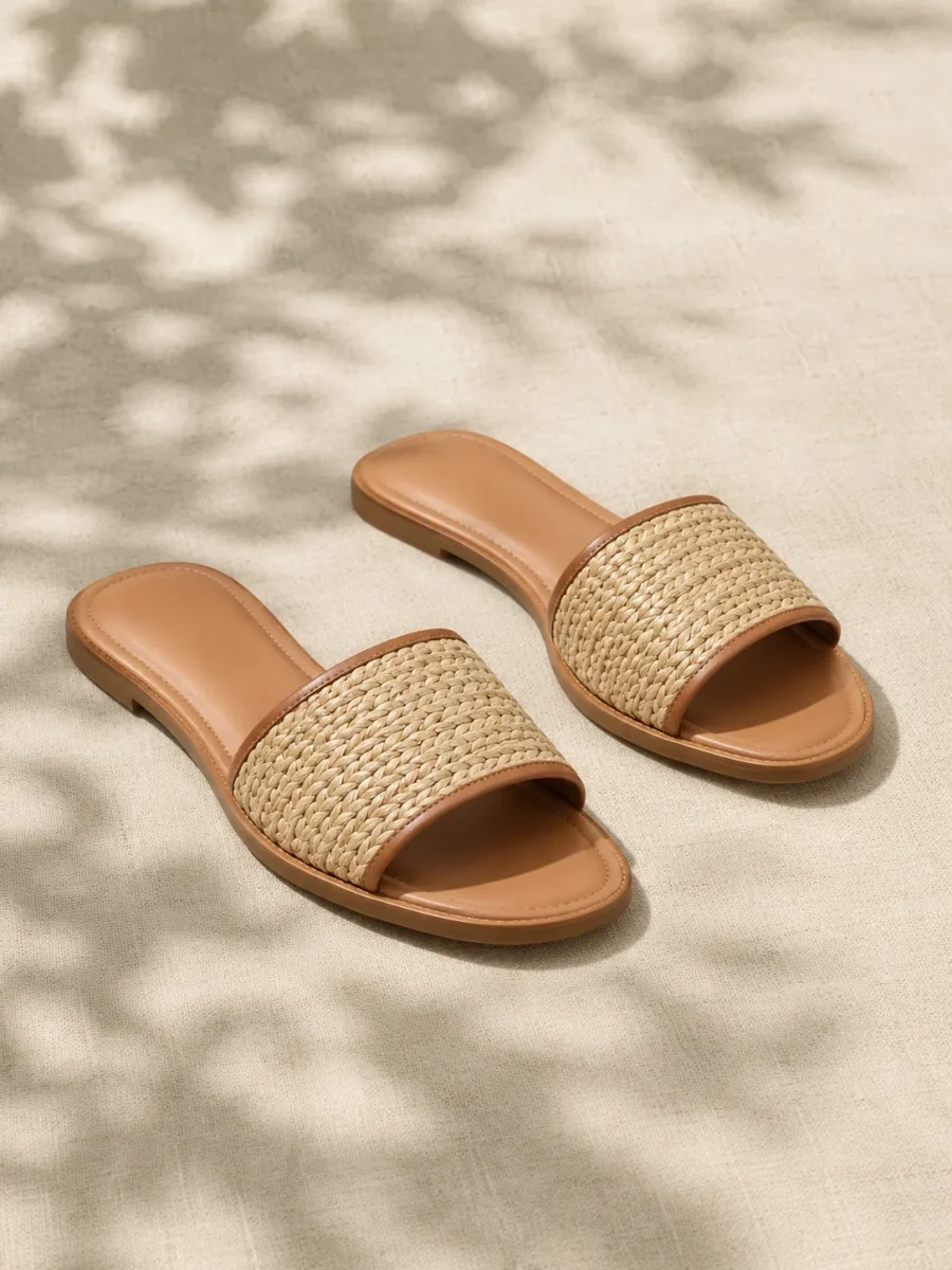 Herb Garden Raffia Slide in natural raffia, pair seen from the front