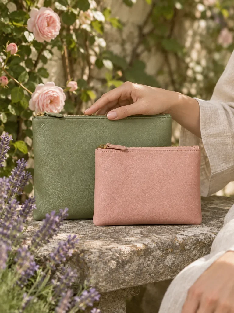 Keepsake Pouch Duo (Set of 2) in sage and blush, carried in the garden