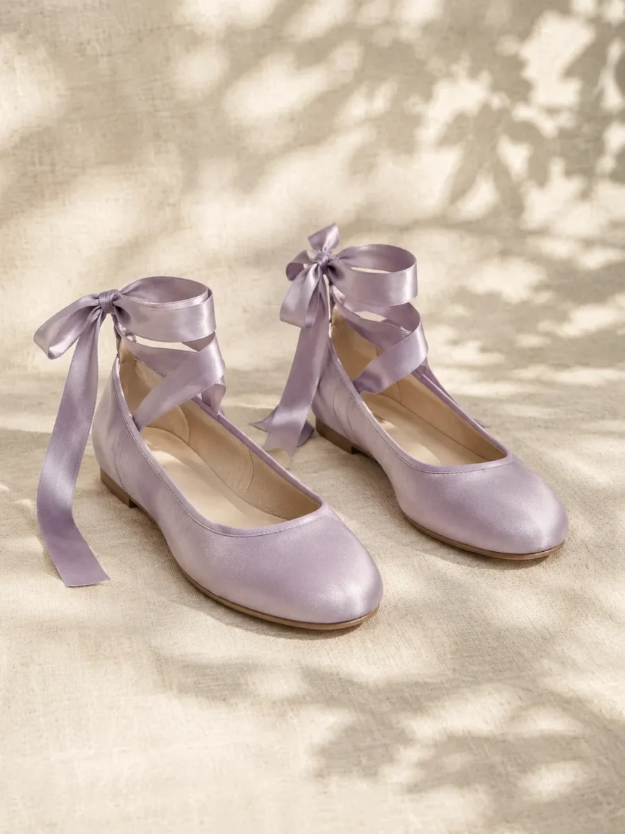 Lavender Ribbon-Tie Flat in lavender satin, pair seen from the front
