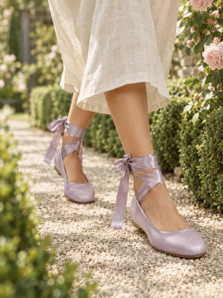 Lavender Ribbon-Tie Flat in lavender satin, worn on a garden path