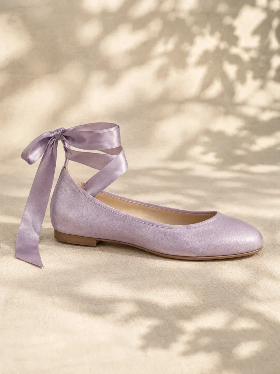 Lavender Ribbon-Tie Flat, side view showing the 0.8 cm heel