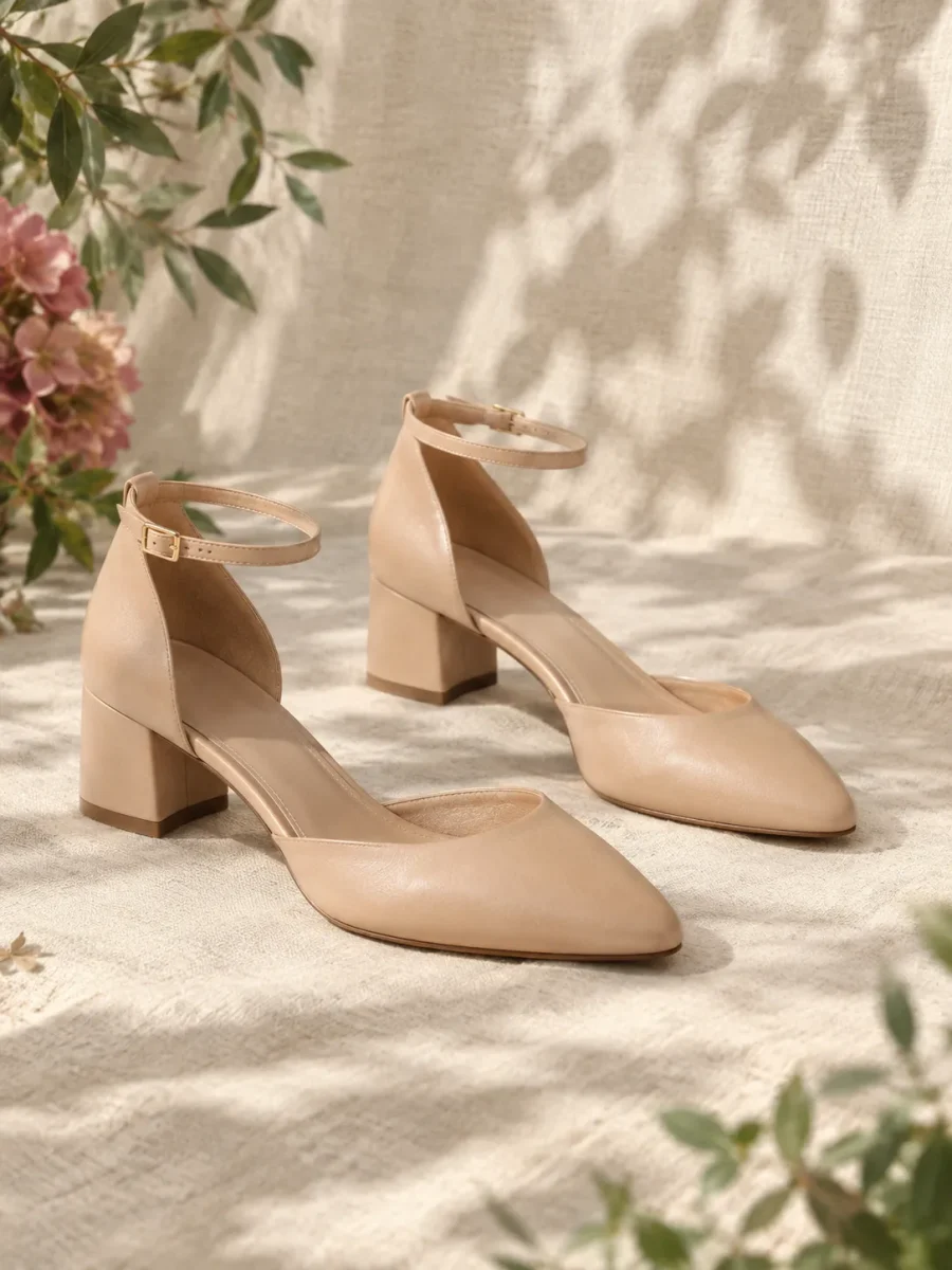 Linden Ankle-Strap Heel in nude, pair seen from the front