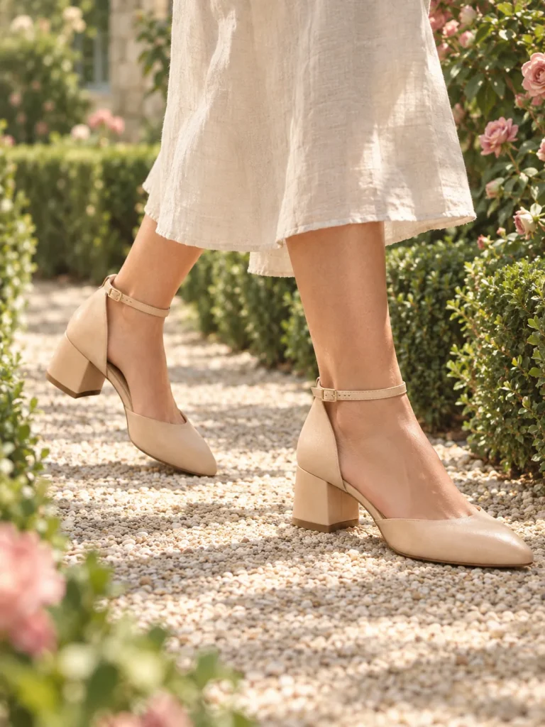 Linden Ankle-Strap Heel in nude, worn on a garden path