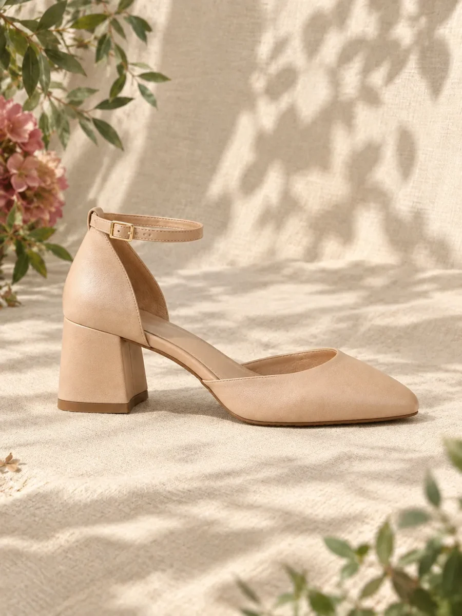 Linden Ankle-Strap Heel, side view showing the 4 cm heel