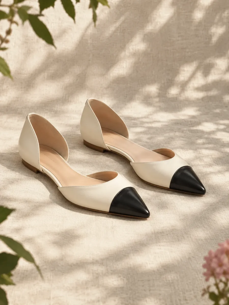 Magnolia d'Orsay Flat in cream with black toe cap, pair seen from the front