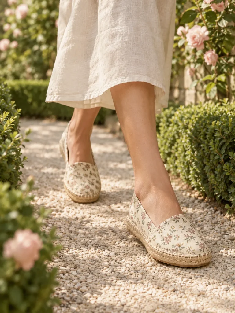 Meadow Print Espadrille Flat in meadow print, worn on a garden path
