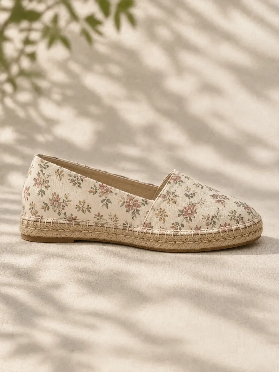 Meadow Print Espadrille Flat, side view showing the 1.5 cm heel