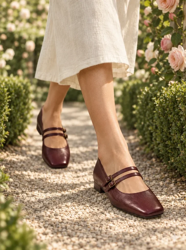 Orchard Double-Buckle Flat in oxblood, worn on a garden path