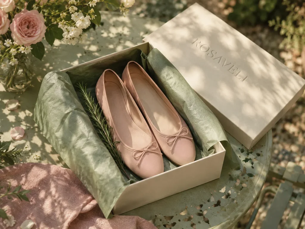 A cream ROSAVELI shoebox with blush ballet flats in sage tissue