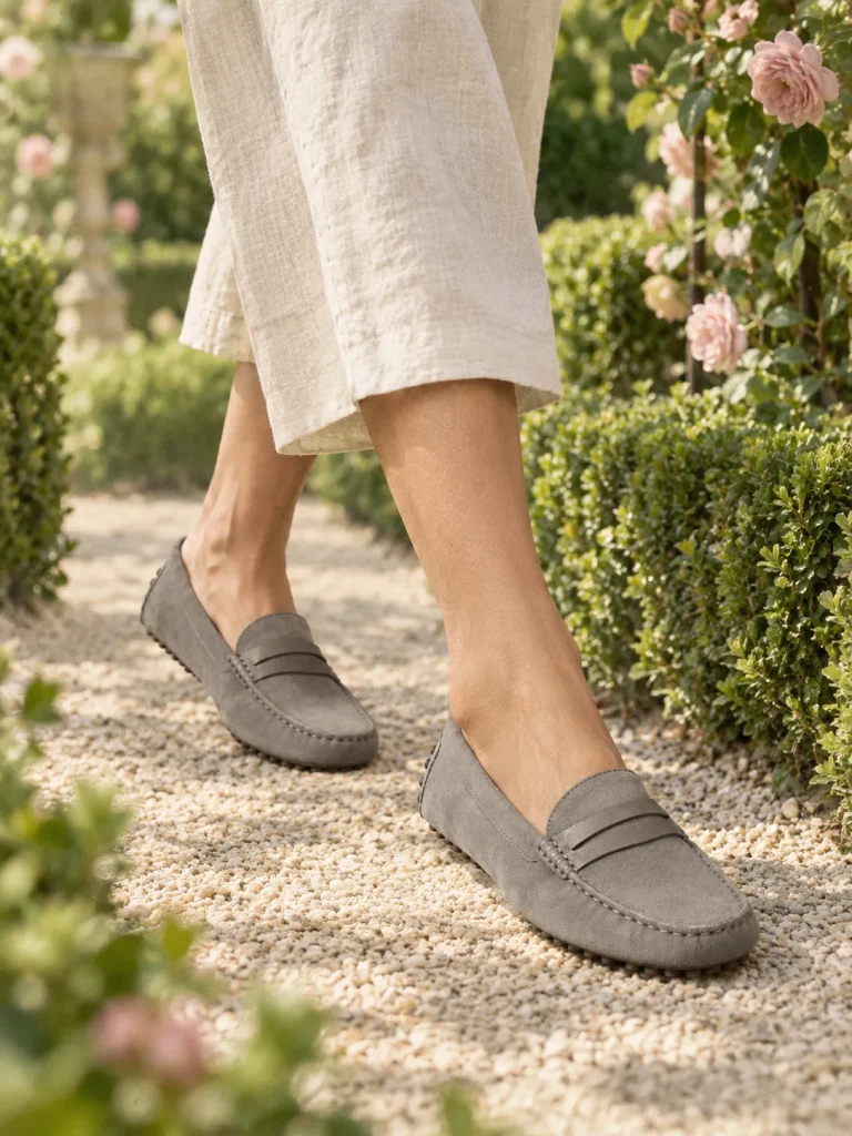 Pebble Driving Flat in stone grey suede, worn on a garden path