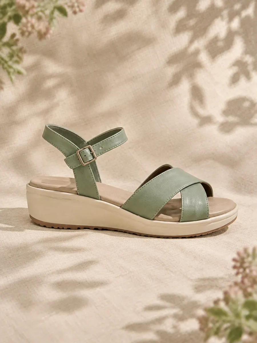 Pergola Cross-Strap Wedge, side view showing the 2 cm heel