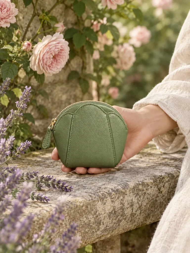 Petal Coin Pouch in sage, carried in the garden