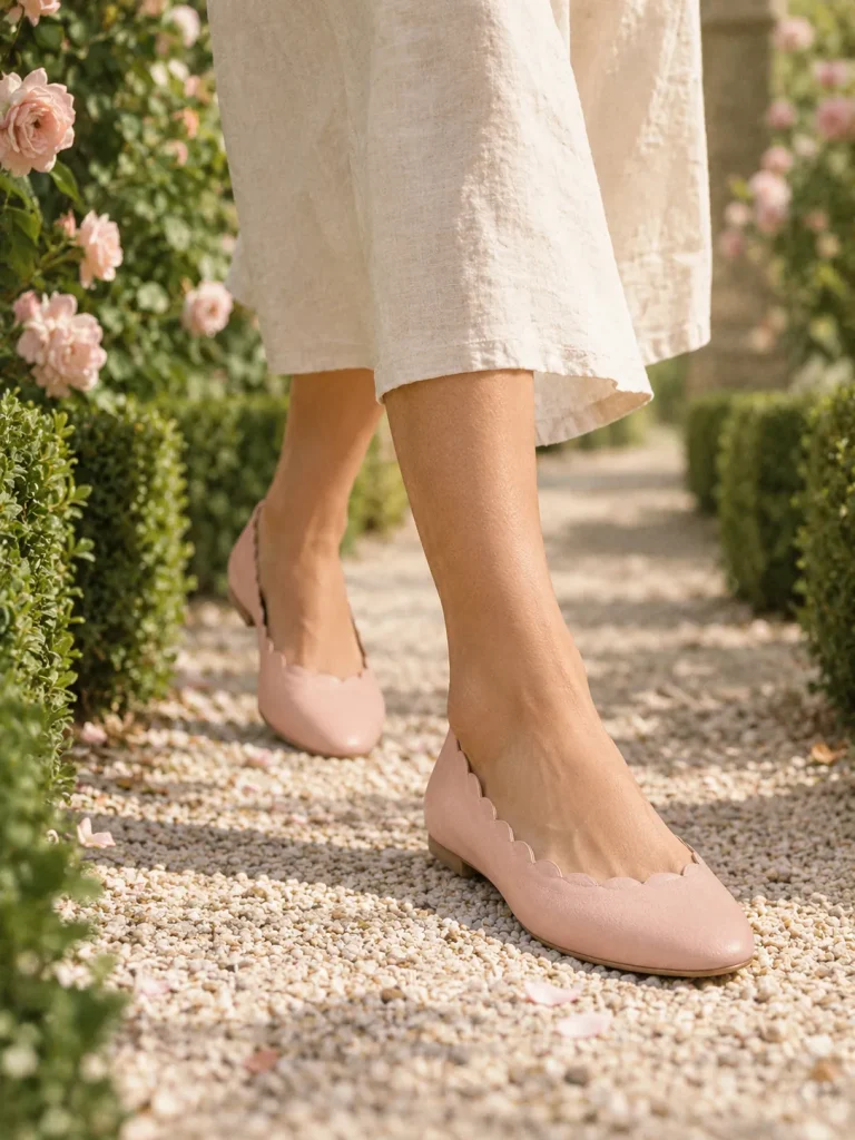 Petal Scallop Ballet Flat in blush, worn on a garden path