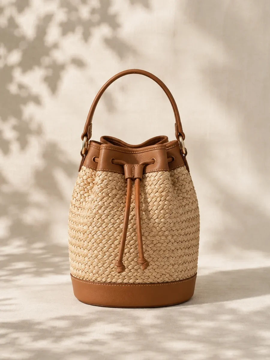Picnic Mini Bucket Bag in natural straw and tan, front view