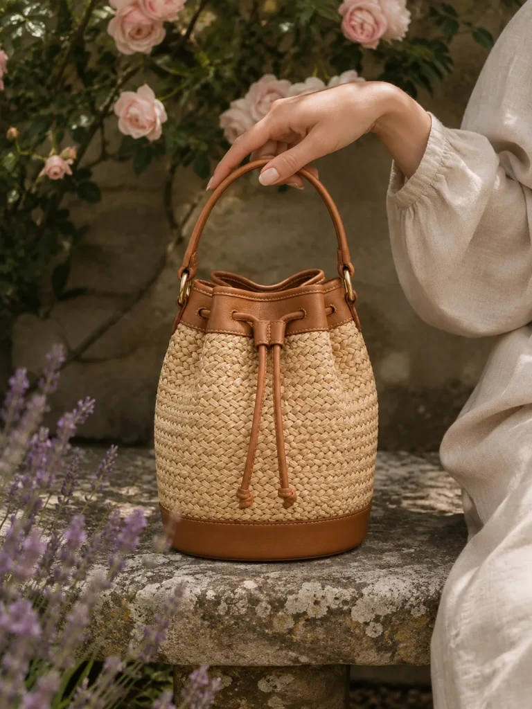 Picnic Mini Bucket Bag in natural straw and tan, carried in the garden