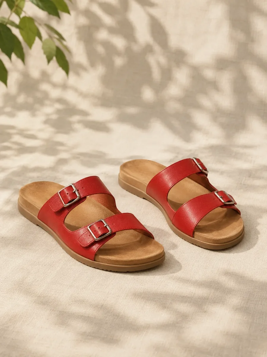 Poppy Double-Buckle Sandal in poppy red, pair seen from the front