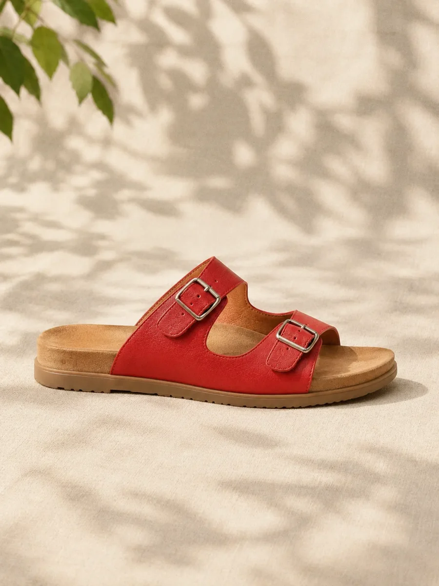 Poppy Double-Buckle Sandal, side view showing the 1.5 cm heel