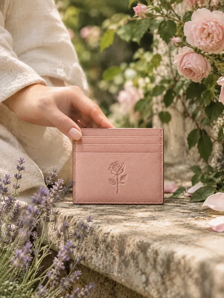 Pressed Rose Card Holder in blush, carried in the garden