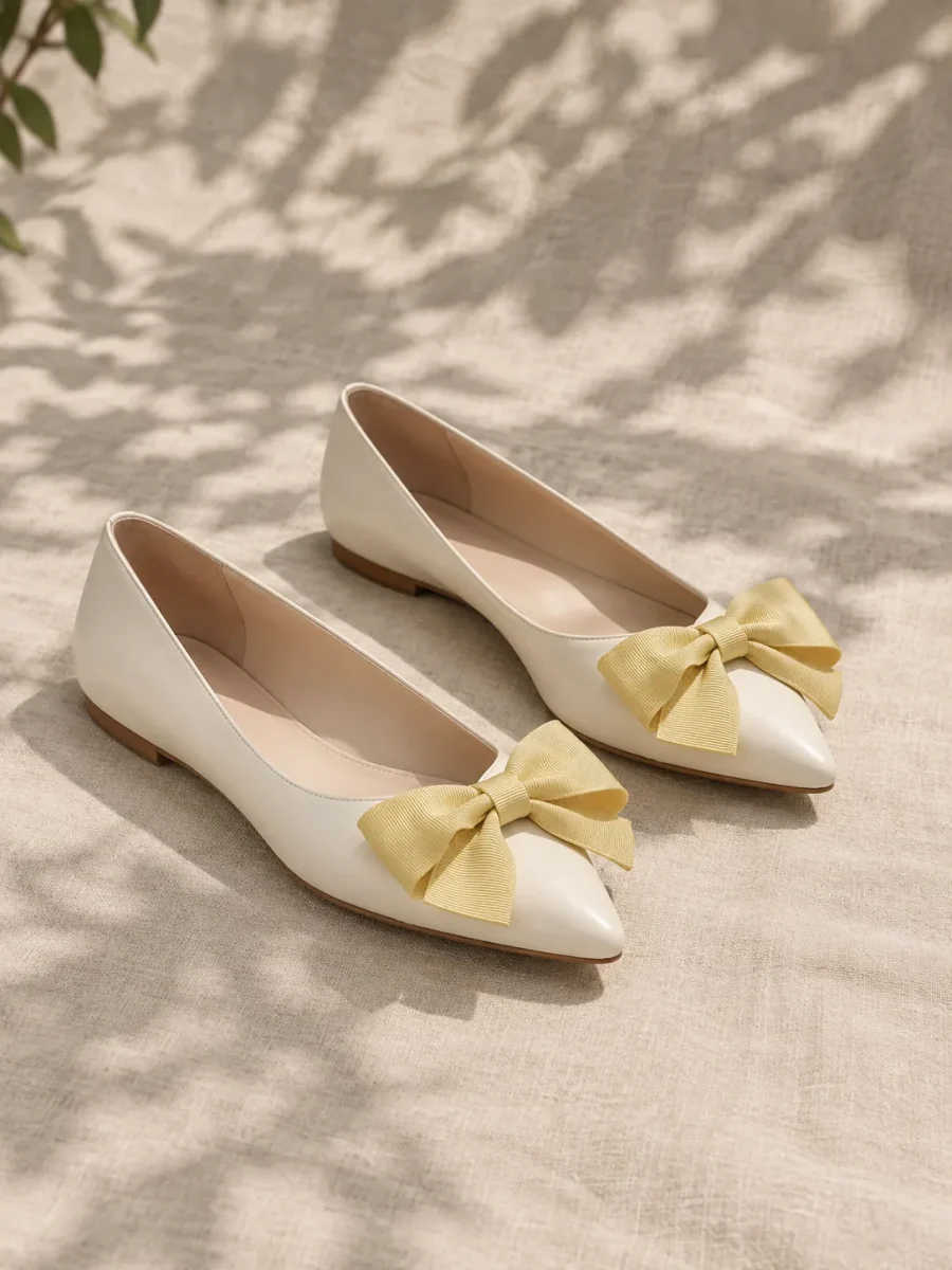Primrose Bow Flat in ivory, pair seen from the front