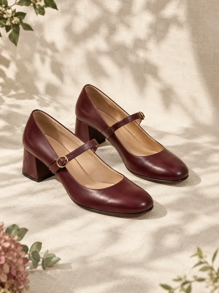 Rosa Block Mary Jane in burgundy, pair seen from the front