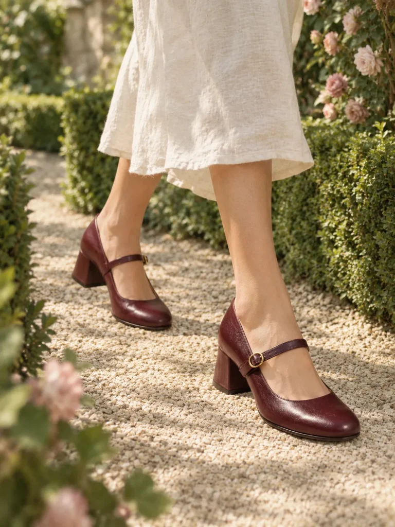 Rosa Block Mary Jane in burgundy, worn on a garden path